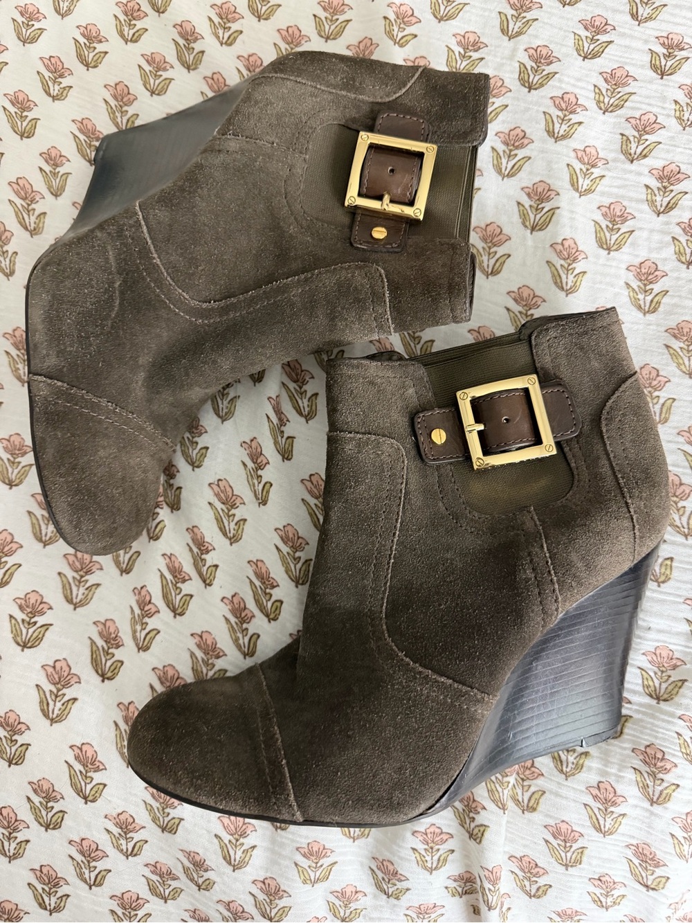 Tory Burch Olive Suede Wedge Ankle Booties with Gold Buckle